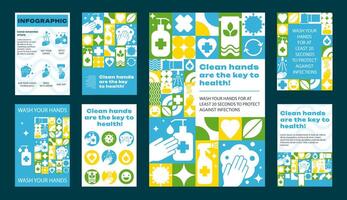 Hygiene and Clean Hands Template Set. Posters with Medical Abstract Patterns and Icons vector
