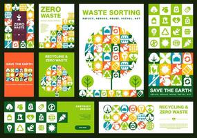 The big set of banner designs Zero Waste with Bauhaus Patterns and geometric eco icons vector