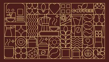 Line Art Coffee Time Design in Art Deco Style, Bauhaus Geometric Pattern on a ChocolateBackground vector