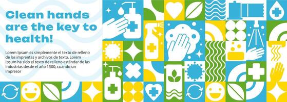 The hero image and banner Medical Seamless Pattern in Bauhaus-Style. Health and Hygiene Icons vector