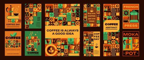 Bauhaus Coffee posters, banners, bookmarks with seamless patterns, Icons in Geometric vector