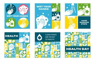 Bauhaus Medical Square Banners with Seamless Patterns. Clean Hands and Health Symbols, icons vector