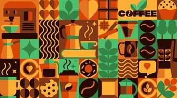 Bauhaus Coffee Pattern with Icons and Abstract Symbols, Beans, Cups, and More in Geometric vector