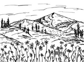 Hand drawn landscape with mountains, trees and flowers in mountain valley. Spring or summer in the mountains. Mountain peak icon logo vector