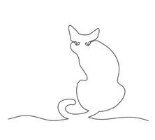 Cute cat pet online continuous hand drawn line art. Cat sitting with curled tail. Cute kitten single line art vector