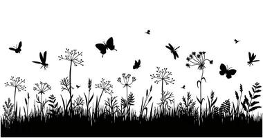 Grass borders. Black silhouette of grass, spikes and herbs. Abstract meadow line with grass and flowers vector