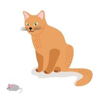 Ginger cat catching a mouse. Hunting instinct of Pets. Cat and Mouse vector