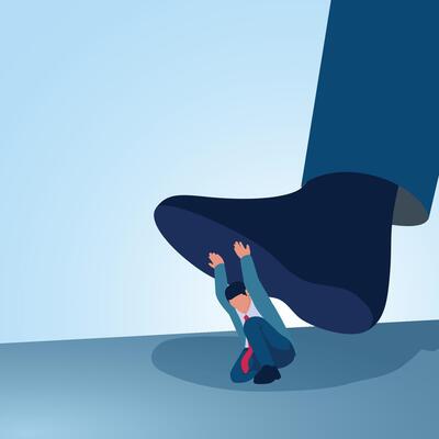 A man holds back a big foot that is stepping on him. Illustration for bullying, violence and seniority.