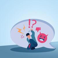 A man holds up a chat bubble filled with angry and mocking emoji. Illustration for bullying, violence and seniority. vector