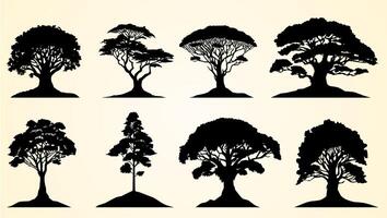Silhouettes of various tree designs showcasing different shapes, branches, and artistic styles. vector