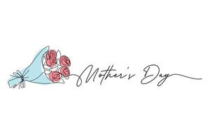 Mother's day, bouquet of roses, colorized. One solid line and text. for greeting card design vector
