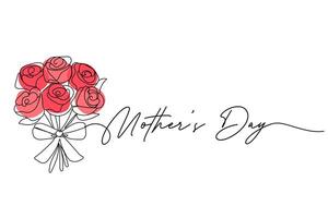 Mothers day, bouquet of red roses. One solid line and text. for greeting card design vector