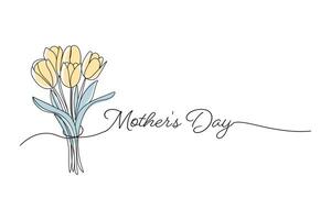 Mother's Day, tulip flowers. colored, Line drawing, one solid line and text. for bouquet greeting card design, flowers vector