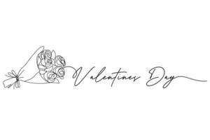 Valentines day, bouquet of roses. One solid line and text. for greeting card design vector