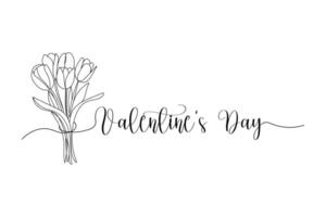 Valentines day, tulip bouquet. One solid line and text. for greeting card design vector