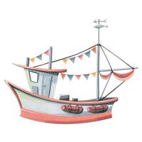 A small sailing fishing boat with garlands of flags. Watercolor illustration. Isolated object on a white background. For decoration and design, compositions of summer, sea and beach. vector