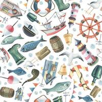 Lighthouse, ships, steering wheels, anchors, fish and objects on the topic of SEA FISHING. Watercolor illustration. Seamless pattern on a white background. For the decoration and design of prints vector
