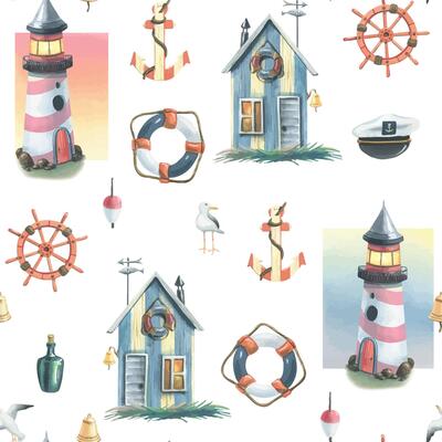 Watercolor illustration on the theme of sea fishing with a seamless pattern. Boat, lighthouse, fishing lodge, seagulls, flags, barrel, steering wheel, anchor, lifebuoy. For fabric, print, wallpaper.