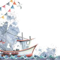 A boat on the waves with seagulls, garlands with flags and watercolor spots. Watercolor illustration. Corner frame for the design and decoration of postcards, information, certificates. vector