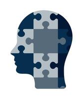 Puzzle head with human face image. Puzzle head icon. Personal development, self-improvement. Human resources and recruitment. Smart decisions, critical thinking. Autism and neuroscience vector