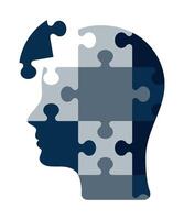 Blue head shaped puzzles. One puzzle piece is missing. Creativity, inspiration, logical thinking. The potential of the human brain. vector