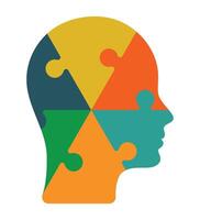 Puzzle head with human face image. Triangle puzzle piece. Puzzle head icon. Personal development, self-improvement. Human resources and recruitment. Smart decisions, critical thinking. vector