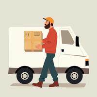 a man carrying a box and there is a cargo car. vector