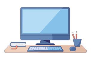 Computer monitor with blank screen, flower pot, and pencil box. Flat illustration ideal for desktop, PC, and laptop-themed designs. Perfect for office or workspace visuals. vector
