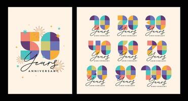 Anniversary number logo concept design featuring a modern geometric style. a set of numbers with colorful fireworks and celebratory backgrounds. Perfect for milestone events, festive occasions. vector