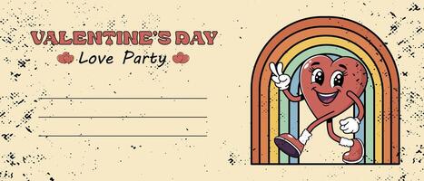 Retro Groovy Valentine's Day, Love Party Invitation. Heart character walking in retro groovy style dynamics. horizontal banner in vintage style vector