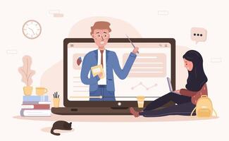 Online education. Flat design concept of training and tutorials. Student learning at home. illustration for website banner, marketing material, presentation template, online advertising. vector