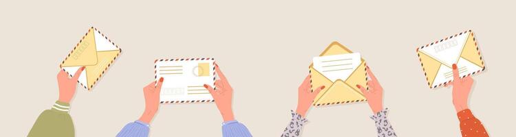Female hands holding envelopes. Correspondence and mail delivery concept. Top view. Post stamps and postcards. illustration in flat cartoon style. Receiving message, notification, invitation vector