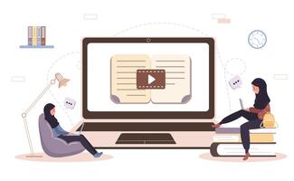 Online education. Flat design concept of training and tutorials. Student learning at home. illustration for website banner, marketing material, presentation template, online advertising. vector