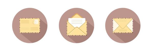 Set of different envelope. E-mail icon. Retro postcard and craft paper. Written letter or correspondence. illustration in flat cartoon style. vector