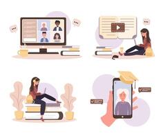 Online education. Flat design concept of training and tutorials. Student learning at home. illustration for website banner, marketing material, presentation template, online advertising. vector