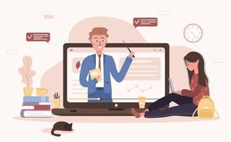 Online education. Flat design concept of training and tutorials. Student learning at home. illustration for website banner, marketing material, presentation template, online advertising. vector