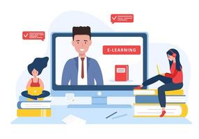 Online education. Flat design concept of training and tutorials. Student learning at home. illustration for website banner, marketing material, presentation template, online advertising. vector