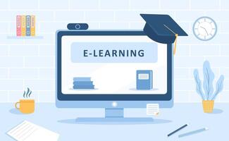 Online education. Flat design concept of training and tutorials. illustration for website banner, marketing material, presentation template, online advertising. vector