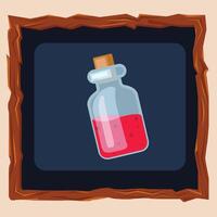 a bottle with red liquid in it on a wooden frame vector