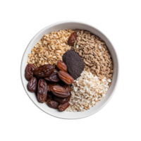 Healthy energy snack combines oats, chia seeds, dates, cacao nibs, and coconut in each bite png