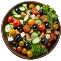 A few sprigs of parsley finish off the vibrant mix of tomatoes, cucumbers, olives, and croutons png