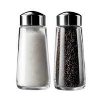 Glass salt shaker and glass pepper shaker side by side, each filled with fine salt and ground black pepper png