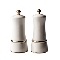 Elegant white ceramic shakers, complete with salt and pepper grinders png