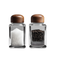Two glass jar holds fine salt and ground black pepper, positioned side by side png