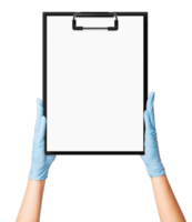 Hands in medical gloves holding a clipboard with notes on an empty background. Medical documentation, healthcare communication, patient records. png