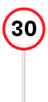 Speed limit sign 30 on a blank background with a white pole. Suitable for traffic regulation, road safety, or signage projects. png