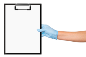 Hand in medical gloves holding a clipboard with notes on an empty background. Medical documentation png
