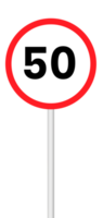 Speed limit sign 50 on a blank background with a white pole. Suitable for traffic regulation, road safety, or signage projects. png