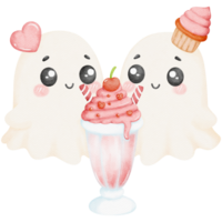 Valentine Cute Ghost Couple Sharing a Milkshake Topped with Whipped Cream and Hearts png