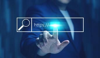 Close-up view of businessman using hands touching virtual screen with website search icons for information, the discovery of information, search engine optimization, and, domain name design photo